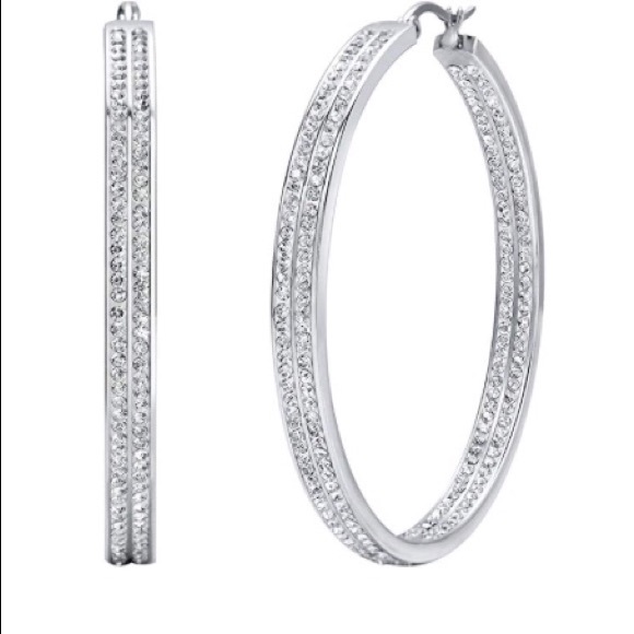 Stainless Steele large rhinestone hoop earrings - Picture 1 of 2